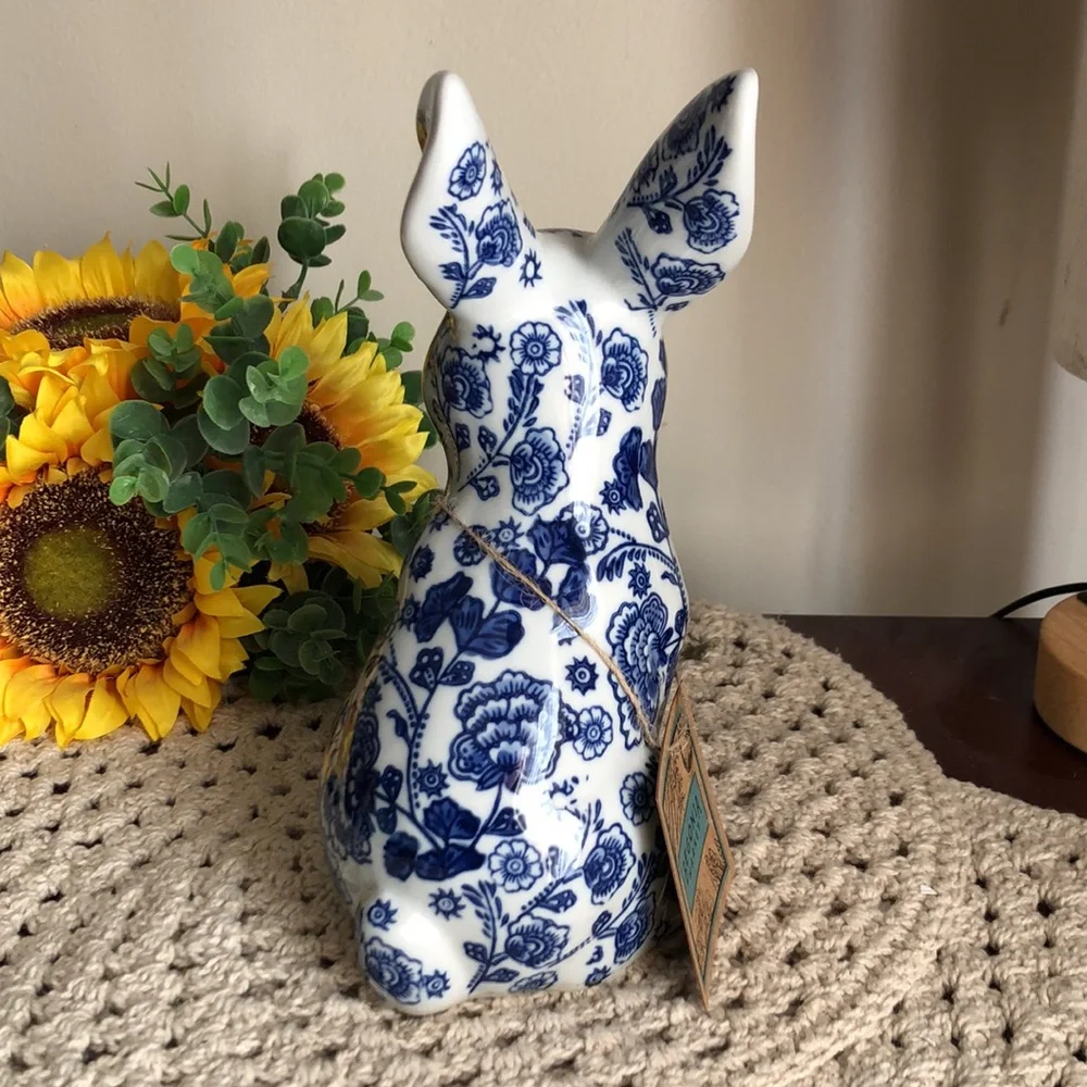 Blue and White Floral Ceramic Bunny Figurine - Home Art Accent